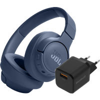 Koop met korting - JBL Tune 720BT Blauw + BlueBuilt Quick Charge Oplader met Usb A Poort 18W Zwart