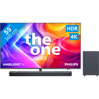 Koop met korting - Philips Ambilight 55" PUS9000 QLED 4K (2025) + JBL Bar 2.1 Deep Bass M2 Zwart